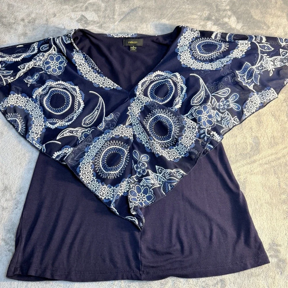 Espresso Navy Paisley Layered Blouse‎ Women's Small Asymmetrical Overlay Top